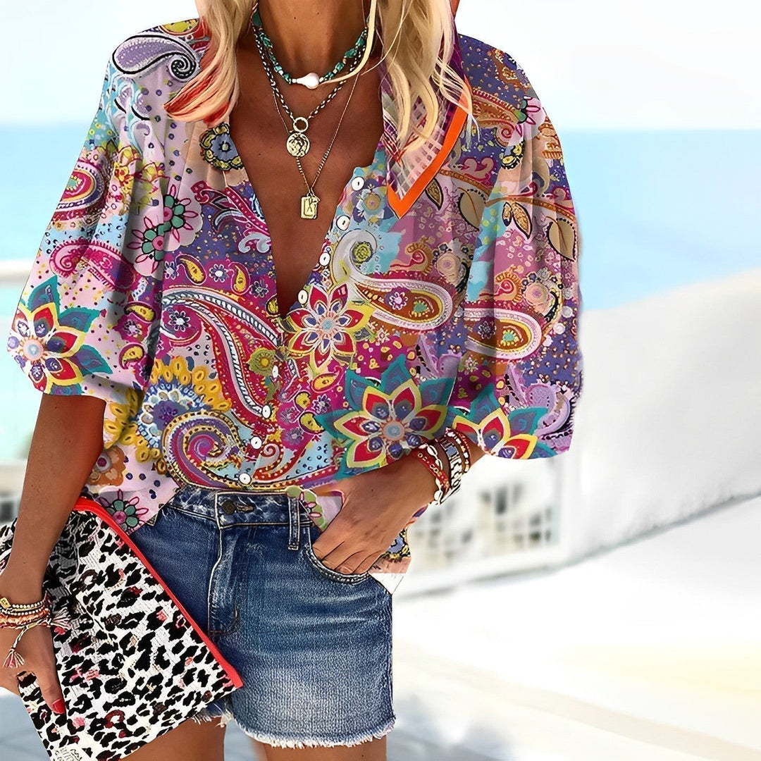 Dames Blouse – Relaxed Fit – Mandala Print – V-Hals – Ademend Materiaal