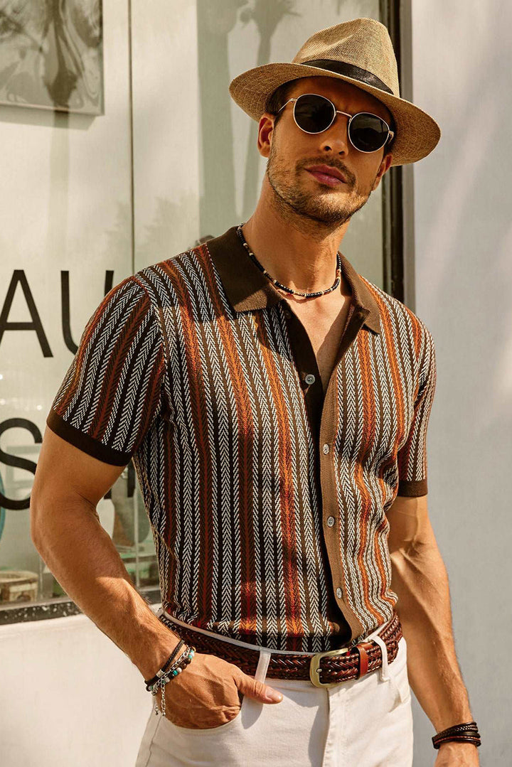 Heren Poloshirt – Slim Fit – Zacht Gebreid – Knoopsluiting – Retro Streepdesign