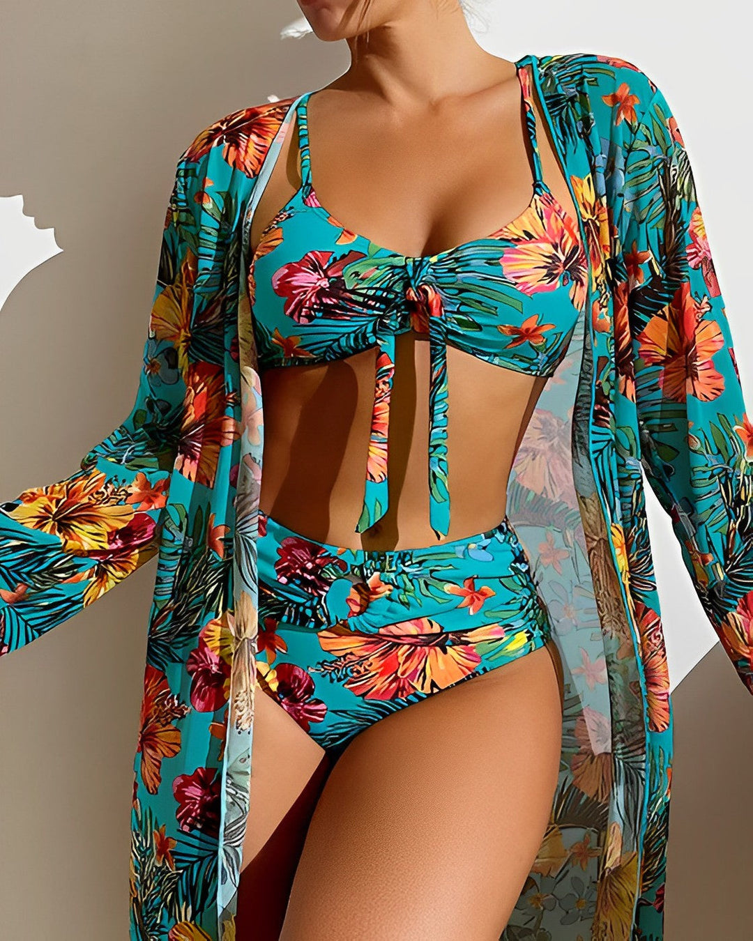 Dames Bikiniset – 3-delig – Striktop – Hoog uitgesneden broekje – Luchtige cover-up
