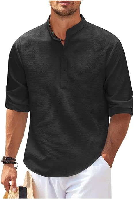 Heren Overhemd – Relaxed Fit – Bandkraag – Subtiel Patroon – Natuurlijke Stoffen