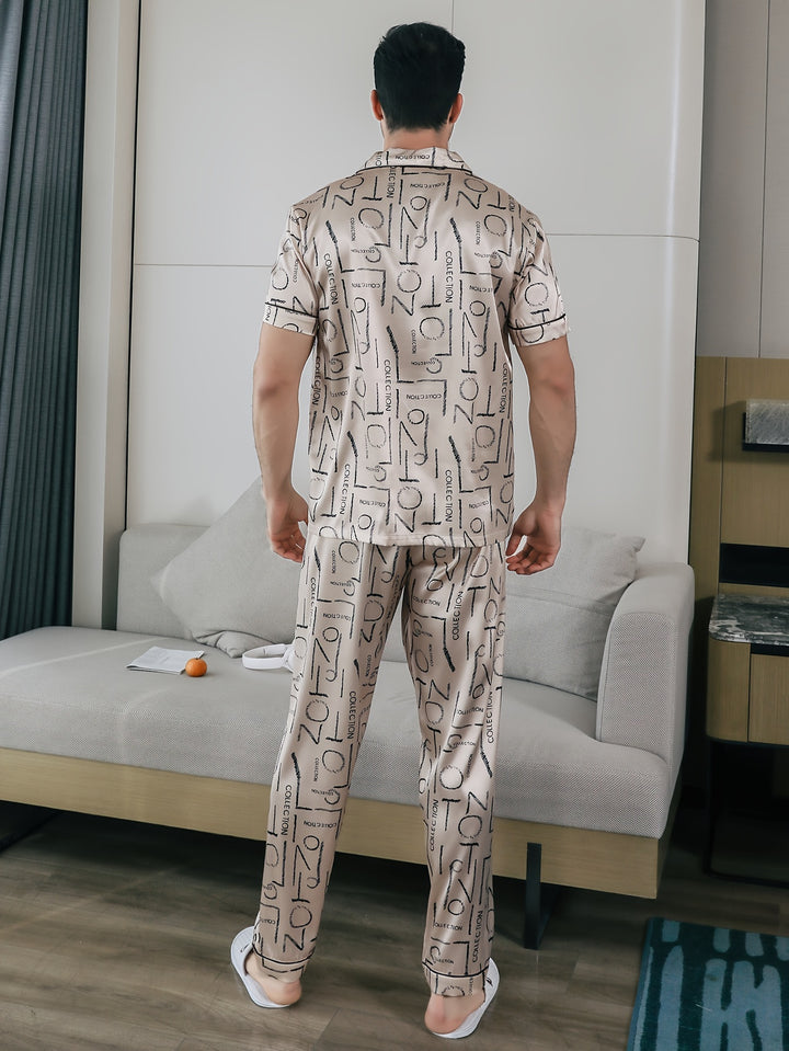 Zomerse nachtjapon voor heren met korte mouwen, shorts en lange broek, met een dunne stof en letterprint ontwerp, inclusief een vest.