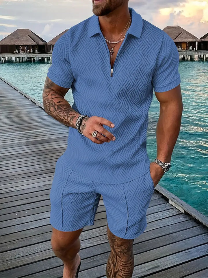Heren Set Polo en Korte Broek – Slim Fit – Ademend Textuur – Ritssluiting – Casual