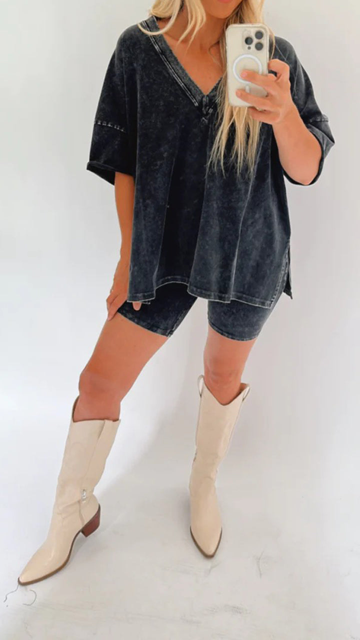 Dames T-shirt – Oversized Pasvorm – V-hals – Zijsplitten – Ademend Comfort