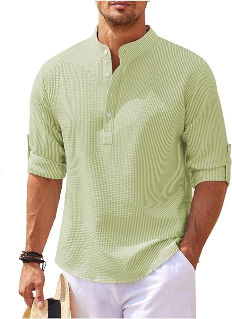 Heren Overhemd – Relaxed Fit – Bandkraag – Subtiel Patroon – Natuurlijke Stoffen
