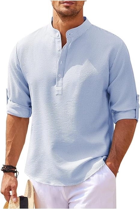 Heren Overhemd – Relaxed Fit – Bandkraag – Subtiel Patroon – Natuurlijke Stoffen