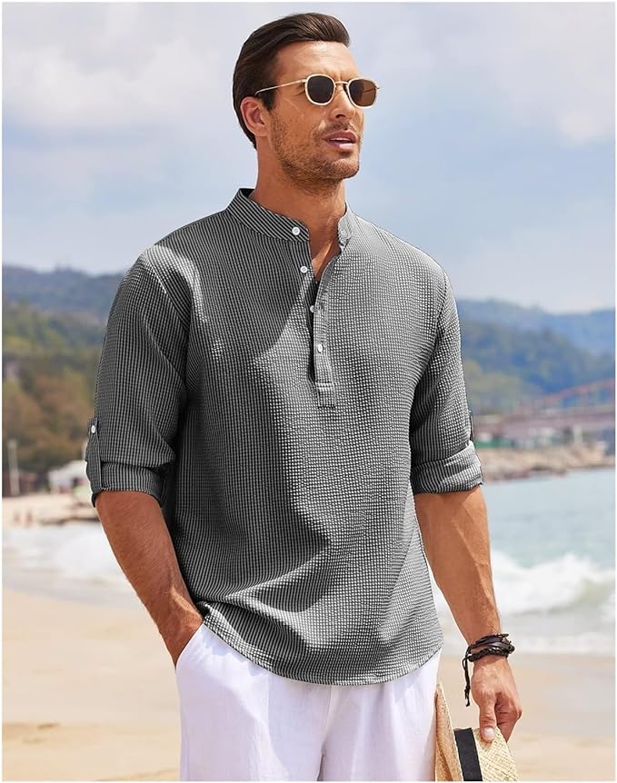Heren Overhemd – Relaxed Fit – Bandkraag – Subtiel Patroon – Natuurlijke Stoffen
