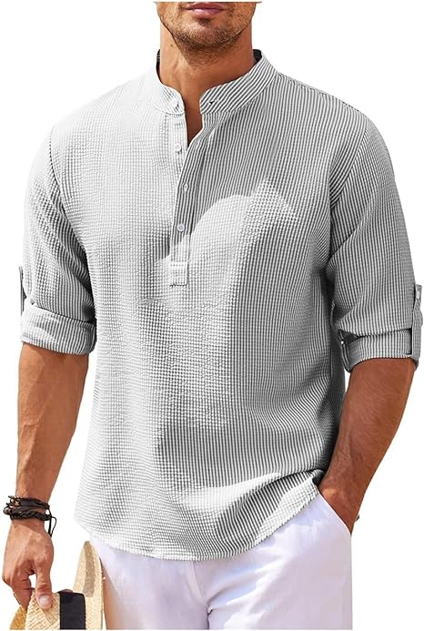 Heren Overhemd – Relaxed Fit – Bandkraag – Subtiel Patroon – Natuurlijke Stoffen