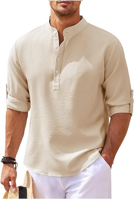 Heren Overhemd – Relaxed Fit – Bandkraag – Subtiel Patroon – Natuurlijke Stoffen