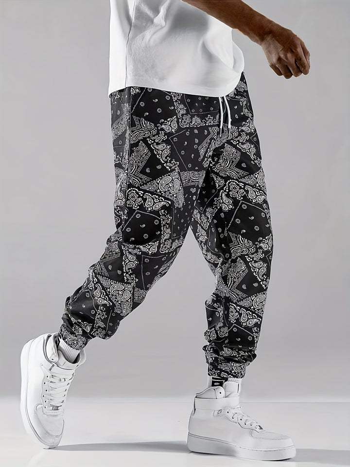 Herenmode Casual Joggers met Paisley Print - Trekkoord, Cargo Stijl, Polyester, Machinewasbaar - Perfect voor Lente & Zomer