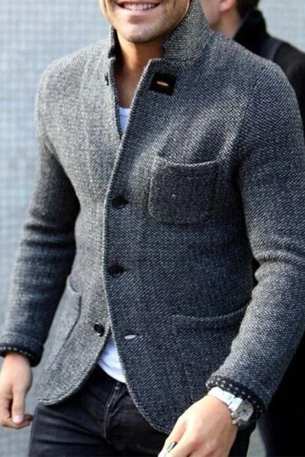 Heren blazer – Getailleerde pasvorm – Tweed look – Staande kraag – Functionele zakken