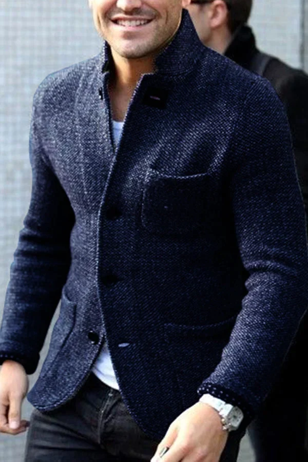 Heren blazer – Getailleerde pasvorm – Tweed look – Staande kraag – Functionele zakken