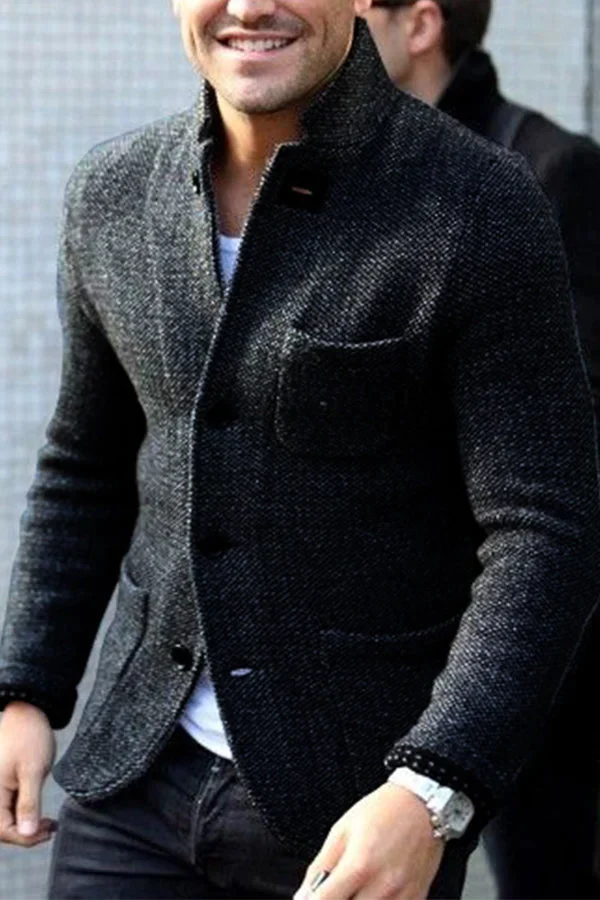 Heren blazer – Getailleerde pasvorm – Tweed look – Staande kraag – Functionele zakken