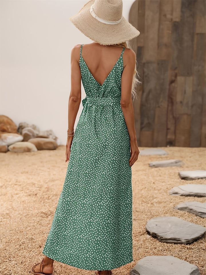 Alessandra | Zomerse Groene Jurk met V-Hals en Split