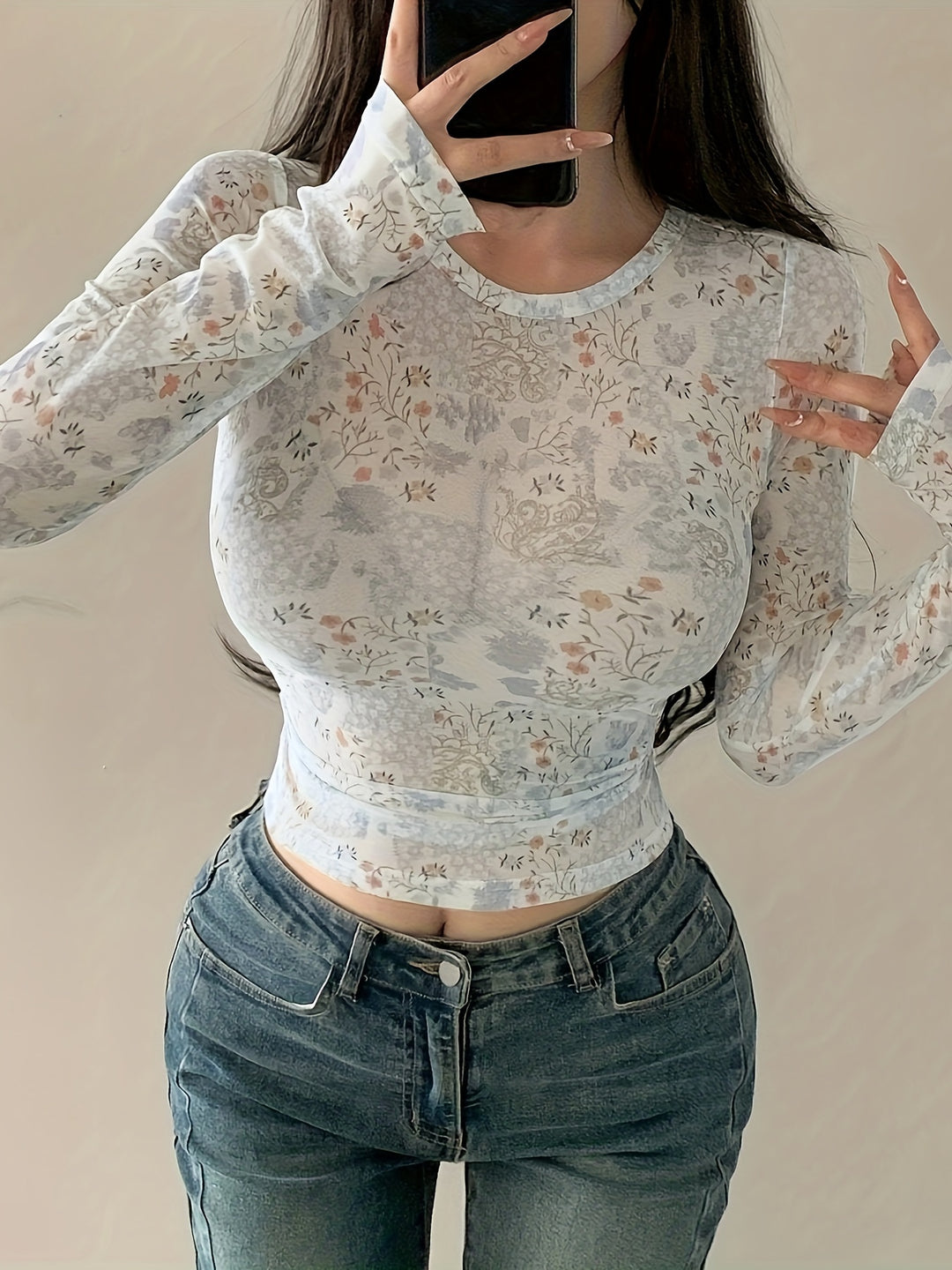 Anabella | Mesh Crop Top met Bloemenprint en Lange Mouwen
