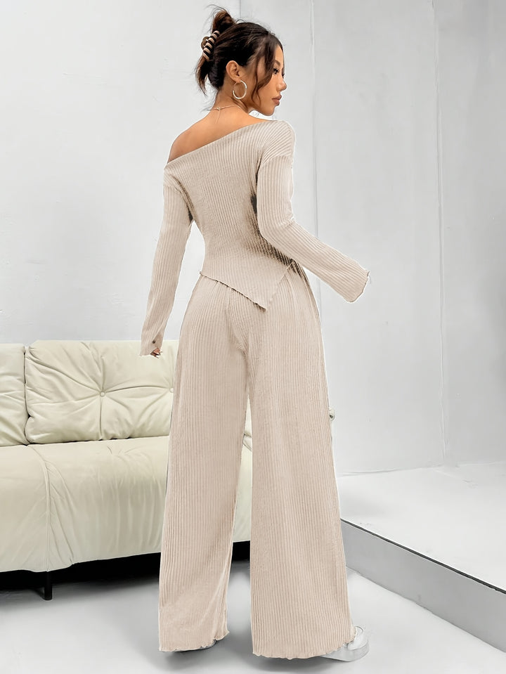 Alexandra | Off-Shoulder Ribgebreide Set met Wijde Pijpen