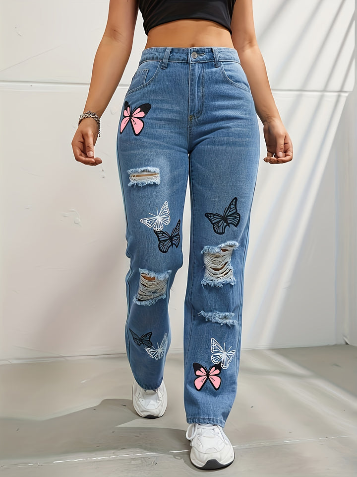 Ava | Losvallende Vlinderprint Jeans met Ripped Details voor Dames