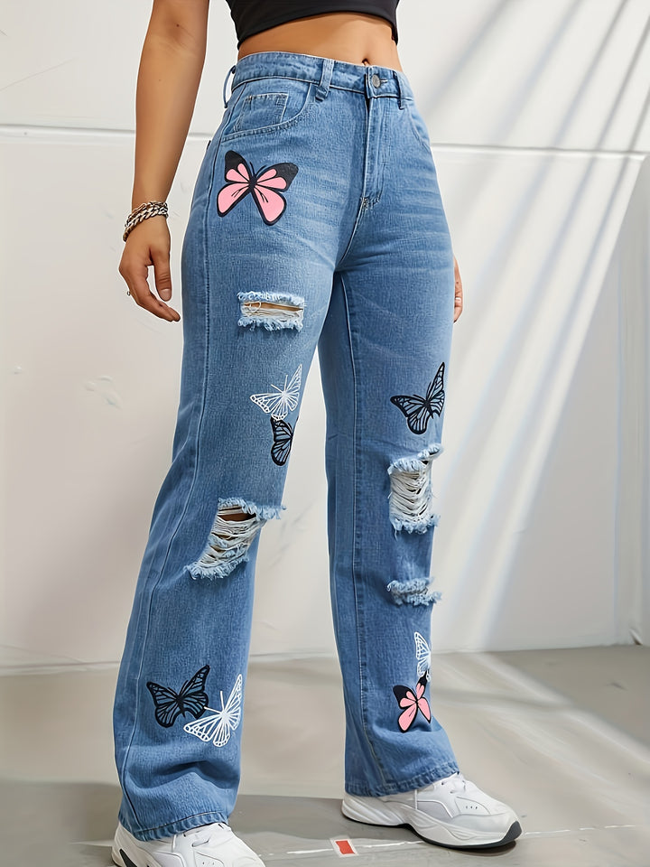 Ava | Losvallende Vlinderprint Jeans met Ripped Details voor Dames