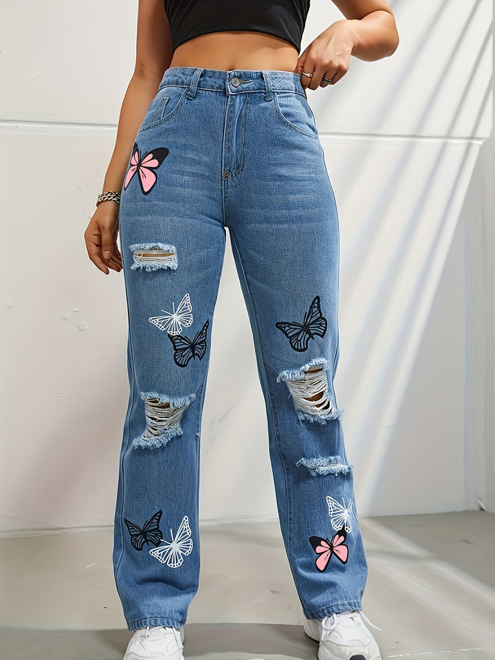 Ava | Losvallende Vlinderprint Jeans met Ripped Details voor Dames