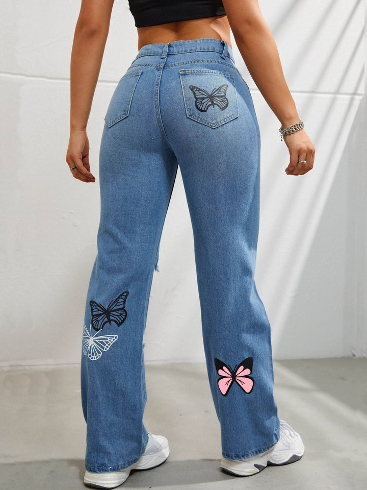Ava | Losvallende Vlinderprint Jeans met Ripped Details voor Dames