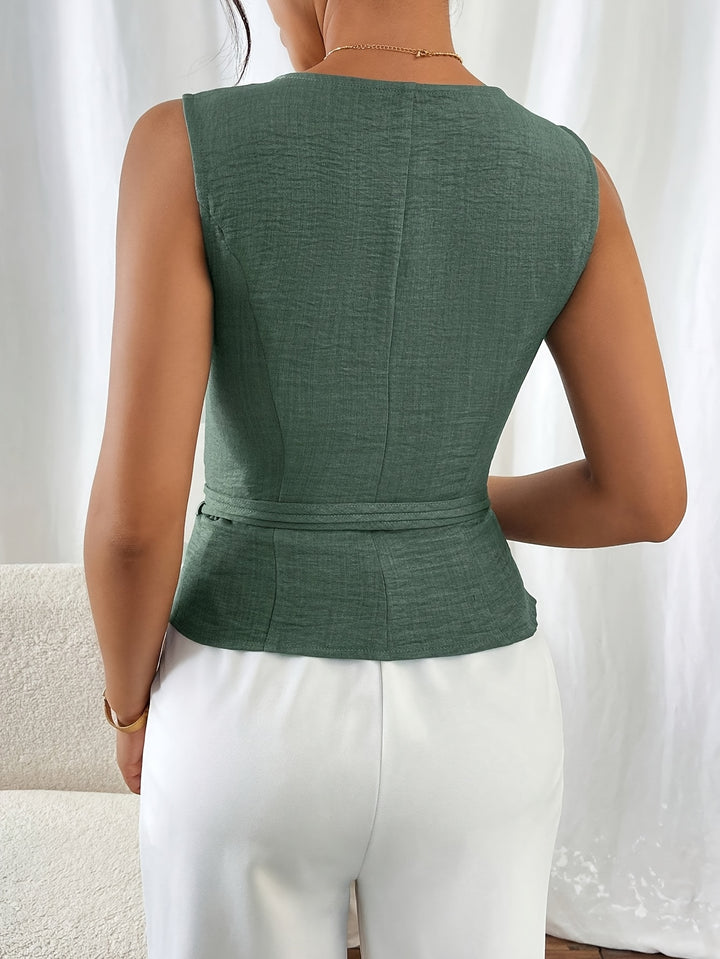 Beatrice | V-hals Mouwloze Top met Strik