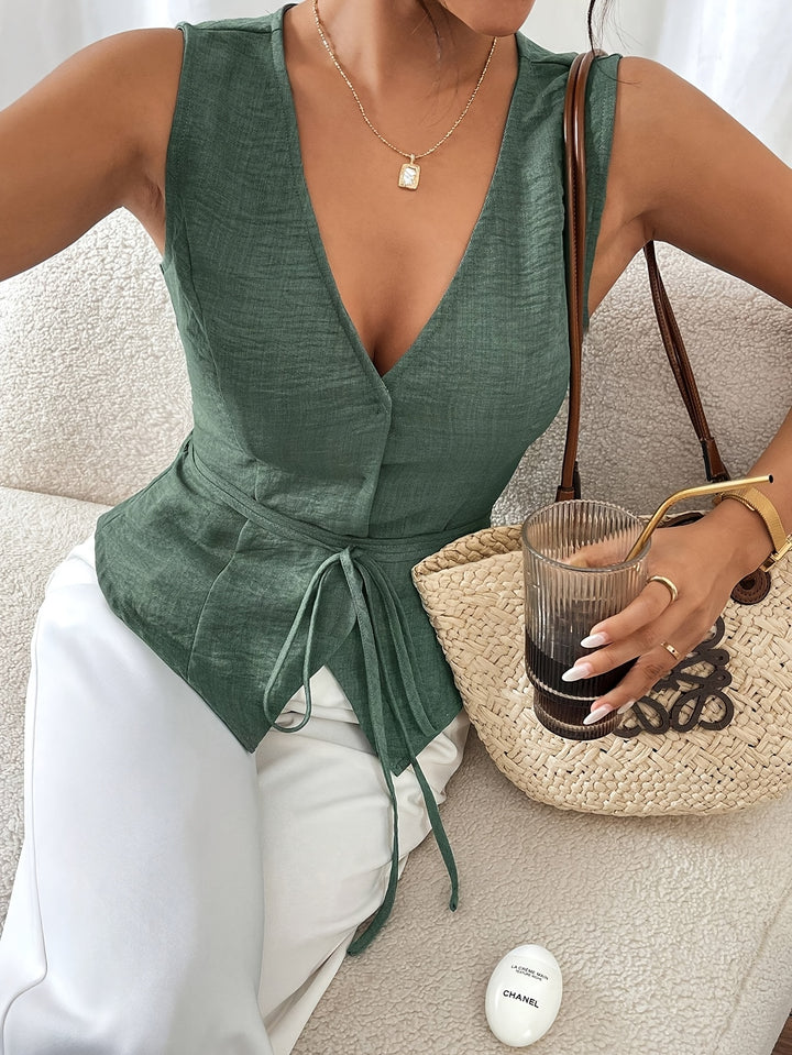 Beatrice | V-hals Mouwloze Top met Strik