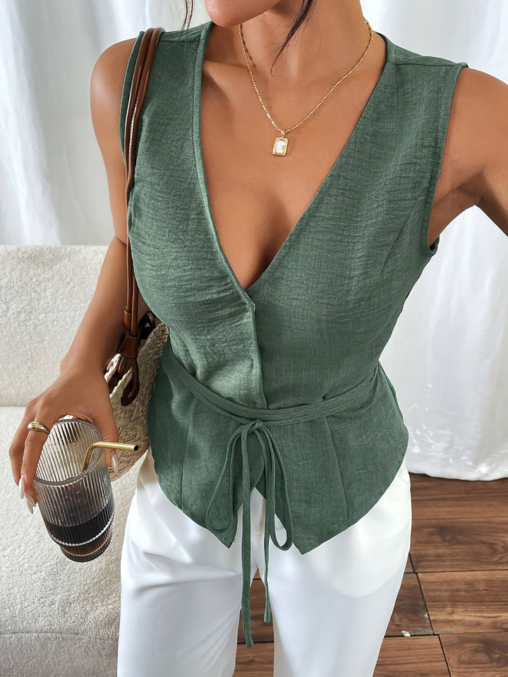 Beatrice | V-hals Mouwloze Top met Strik