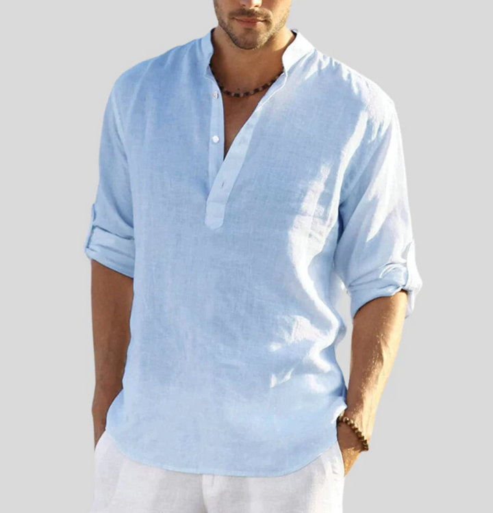Heren Overhemd – Relaxed Fit – Ademend Textiel – Mandarin Kraag – Lange Mouw Casual