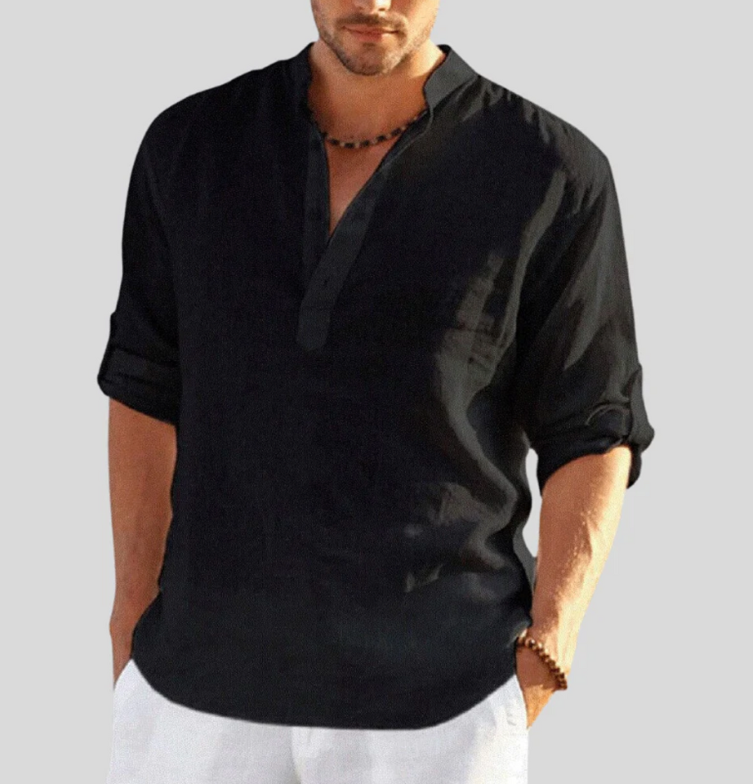Heren Overhemd – Relaxed Fit – Ademend Textiel – Mandarin Kraag – Lange Mouw Casual