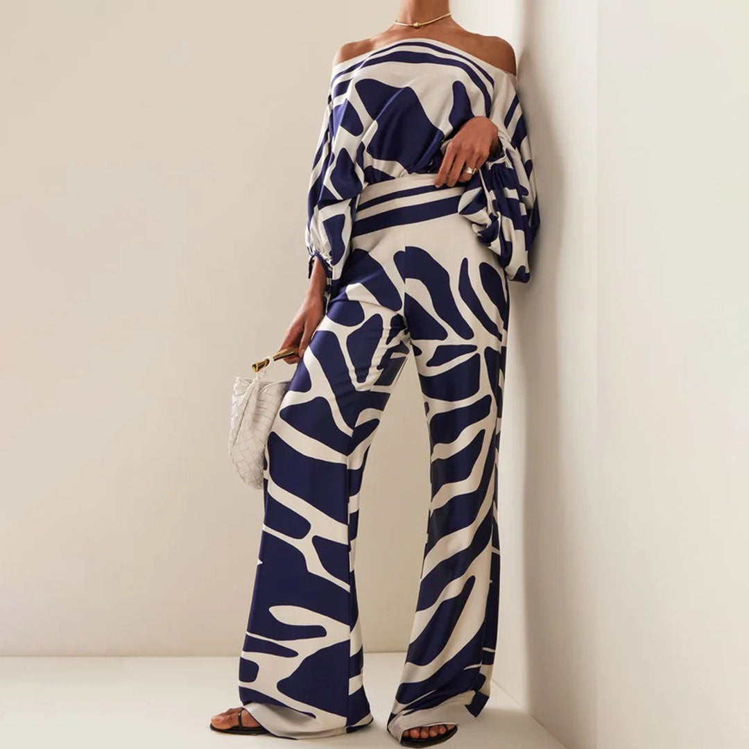 Dames Tweedelige Set – Off Shoulder Top – Flared Hoge Taille Broek – Luchtige Pasvorm