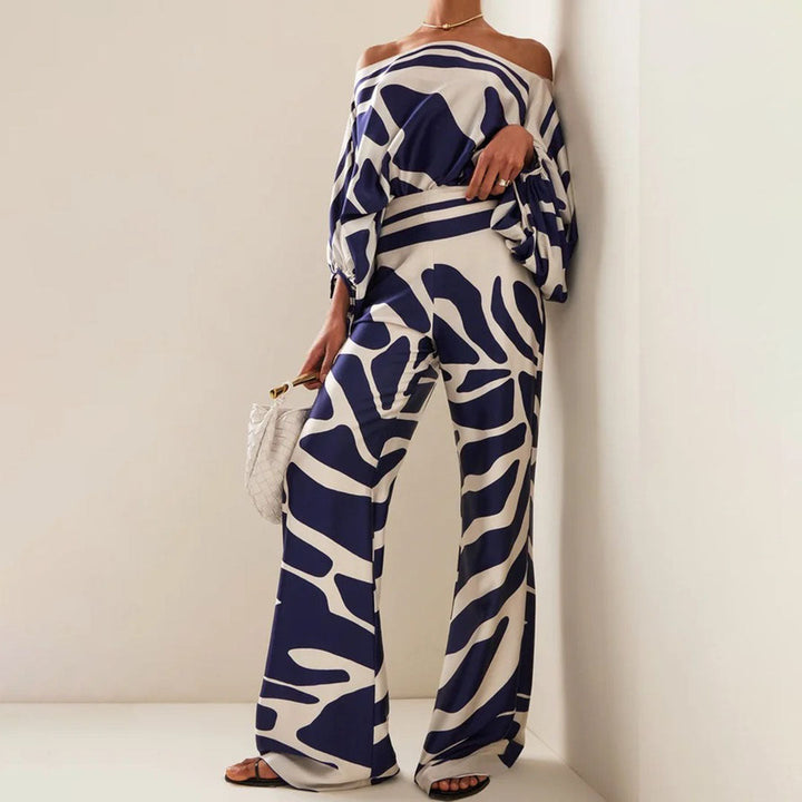 Dames Tweedelige Set – Off Shoulder Top – Flared Hoge Taille Broek – Luchtige Pasvorm