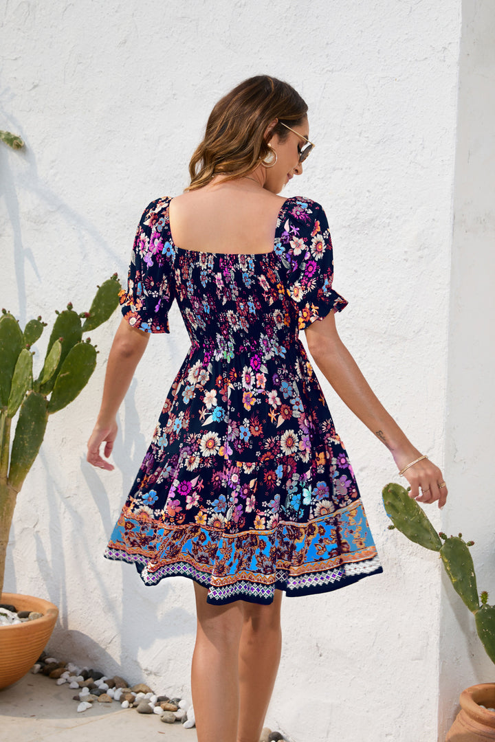 Brooke | Boho Floral Midi Jurk met Elastische Taille