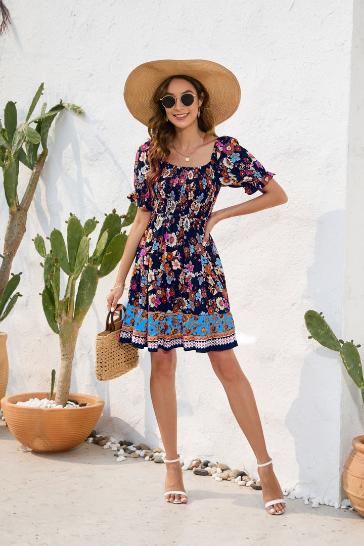 Brooke | Boho Floral Midi Jurk met Elastische Taille
