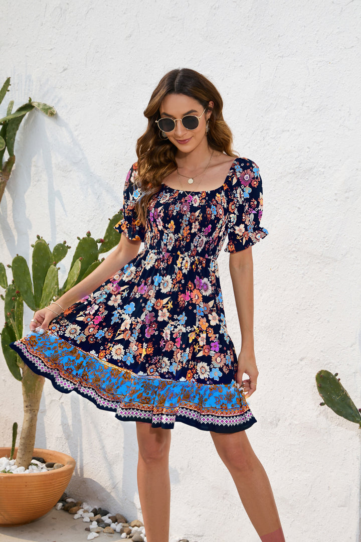 Brooke | Boho Floral Midi Jurk met Elastische Taille