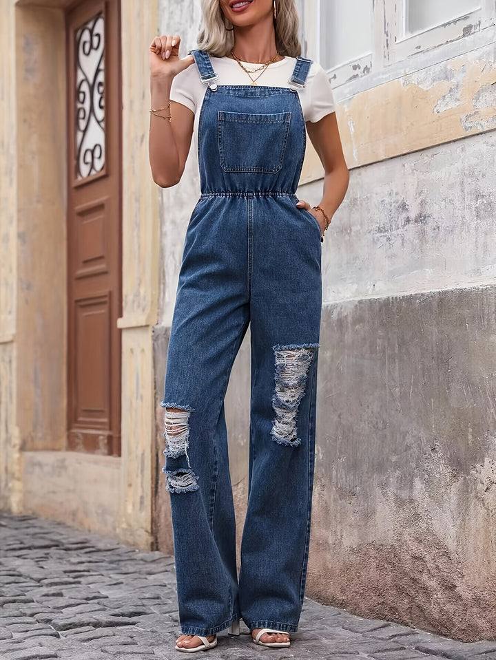 Caroline | Modieuze Casual Denim Tuinbroek met Versleten Details