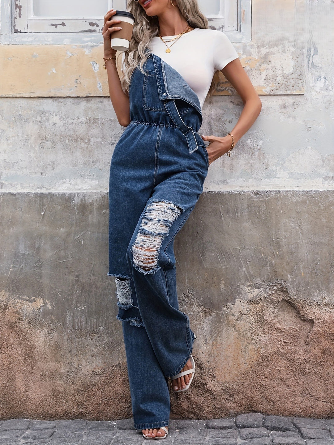 Caroline | Modieuze Casual Denim Tuinbroek met Versleten Details