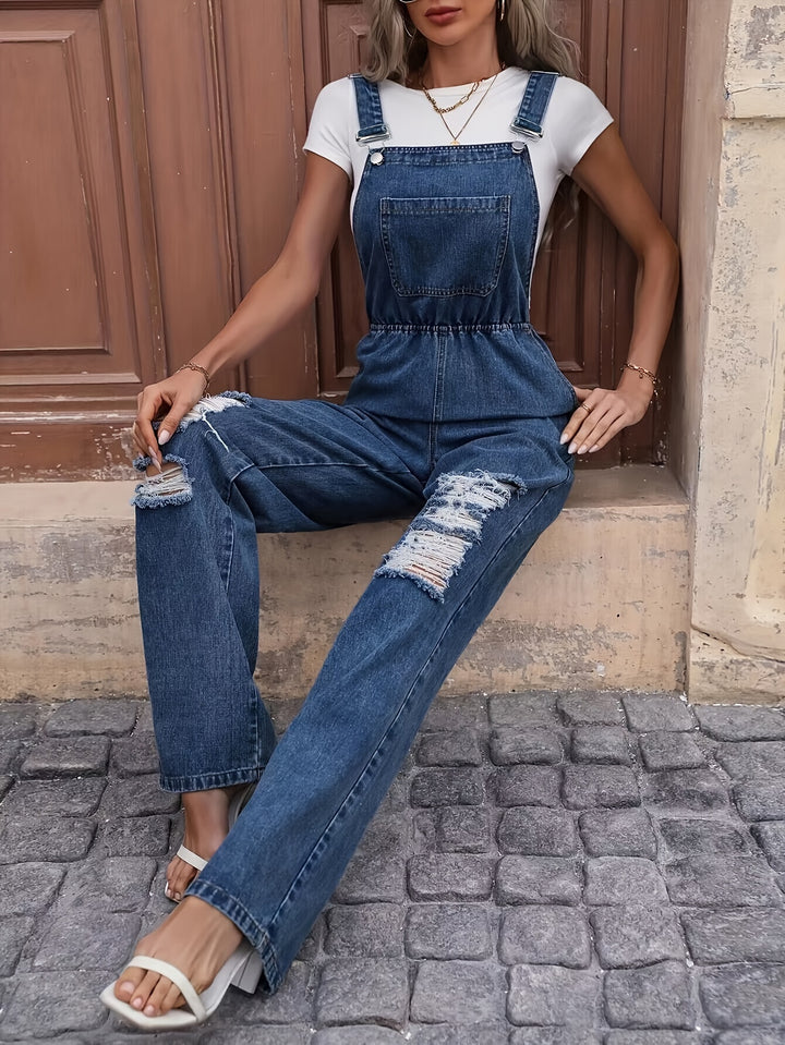 Caroline | Modieuze Casual Denim Tuinbroek met Versleten Details