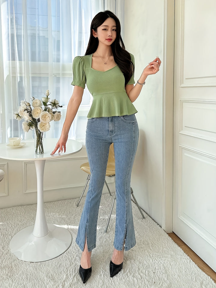 Cathy | Dames T-shirt met Strikdetail en Vierkante Hals