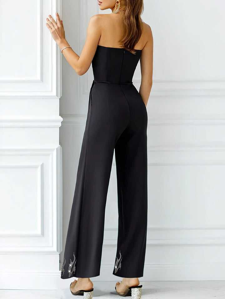 Celine | Elegante Strapless Jumpsuit met Strass Versiering en Vlammen Design