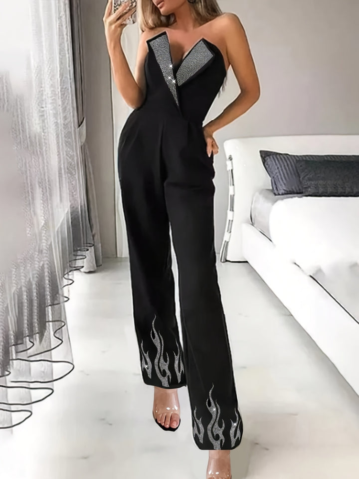 Celine | Elegante Strapless Jumpsuit met Strass Versiering en Vlammen Design
