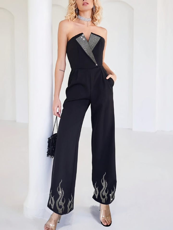Celine | Elegante Strapless Jumpsuit met Strass Versiering en Vlammen Design