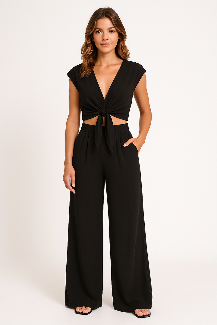 Dames Twee-Delige Set – V-Hals Korte Top met Strik – Hoge Taille Wijde Pijpen Broek