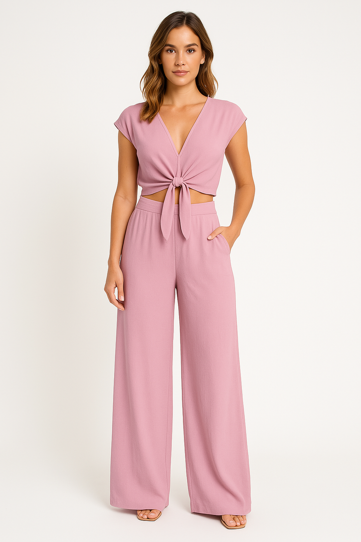Dames Twee-Delige Set – V-Hals Korte Top met Strik – Hoge Taille Wijde Pijpen Broek