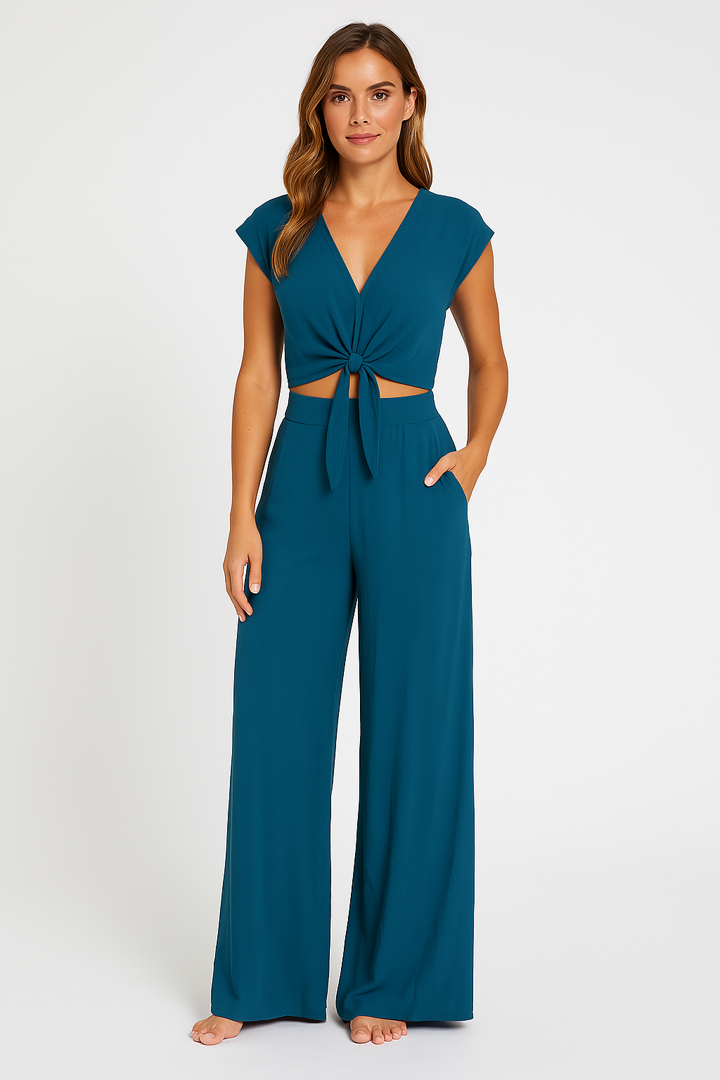 Dames Twee-Delige Set – V-Hals Korte Top met Strik – Hoge Taille Wijde Pijpen Broek