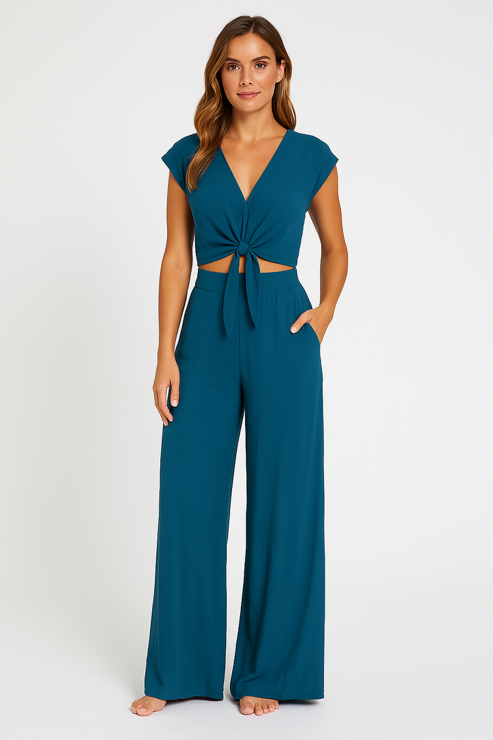 Dames Twee-Delige Set – V-Hals Korte Top met Strik – Hoge Taille Wijde Pijpen Broek