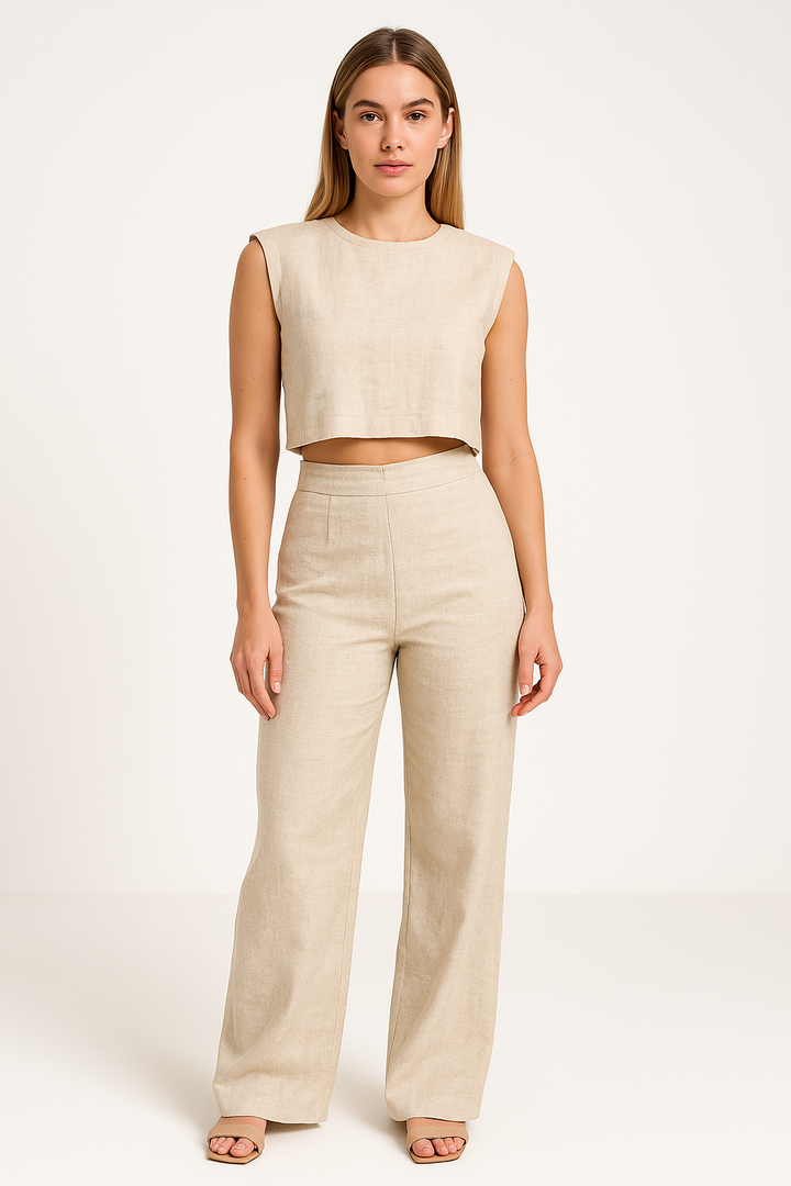 Dames Tweedelige Set – Mouwloos Croptop – Hoge Taille Wijde Pijpen – Ademend Comfort