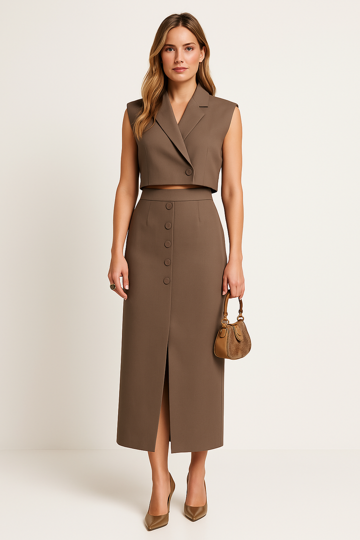 Dames Two-Piece Set – Cropped Top met Revers – High-Waist Midi Rok met Split