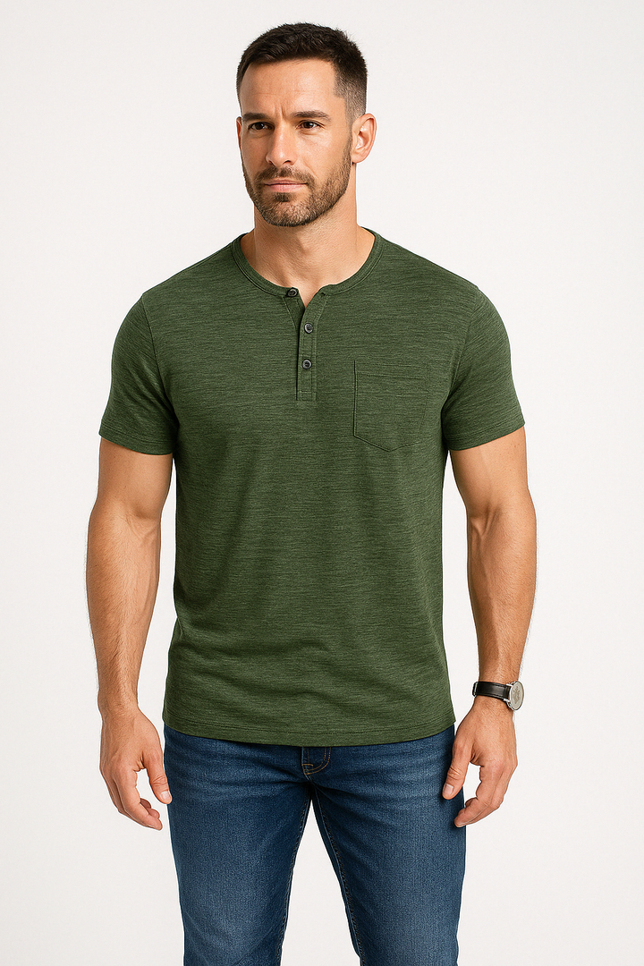 Heren T-shirt – Slim Fit – Henley Hals – Korte Mouw – Ademend Design