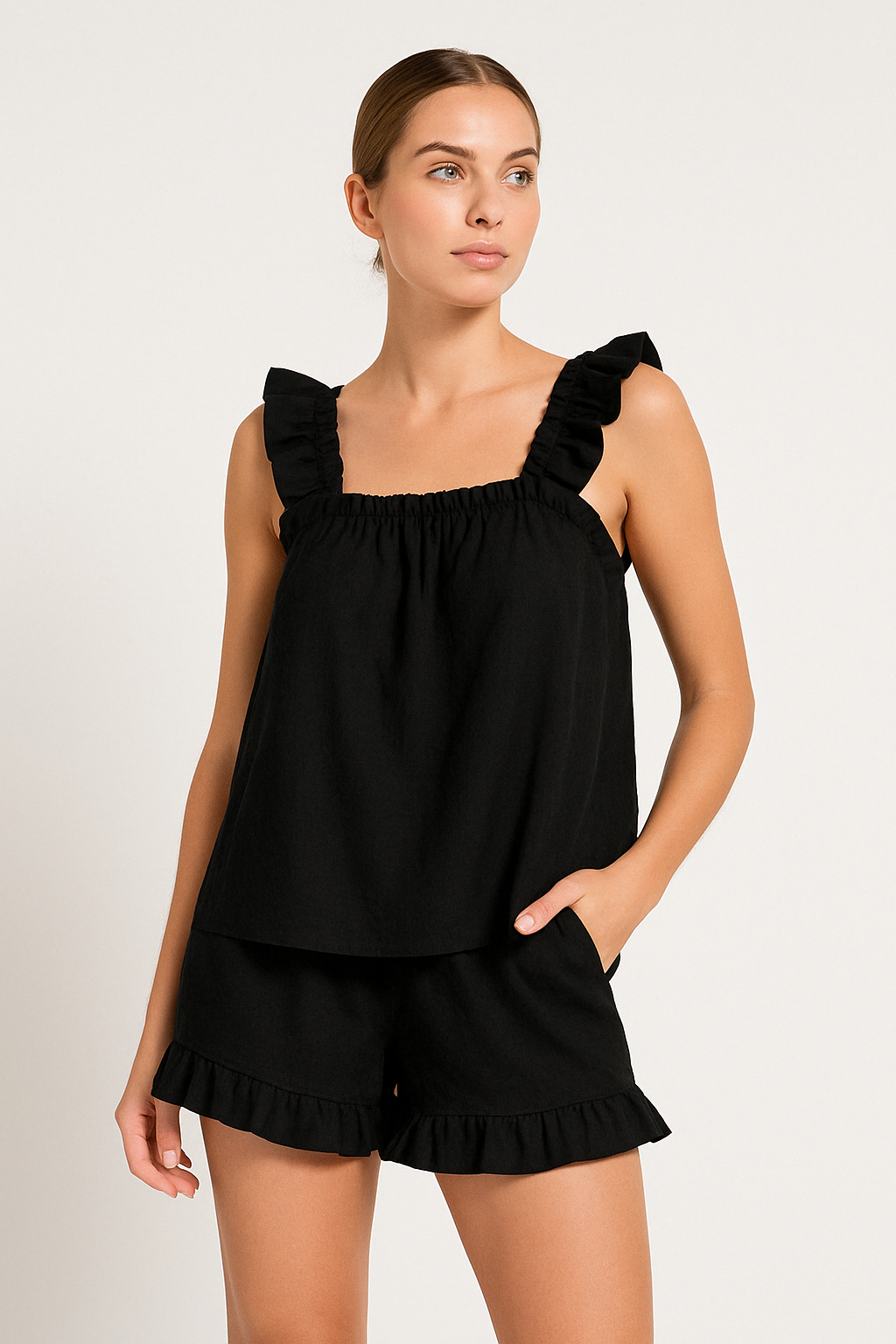 Dames Set Top en Shorts – Ruches – Mouwloos – Relaxed Fit – Ademend Comfort