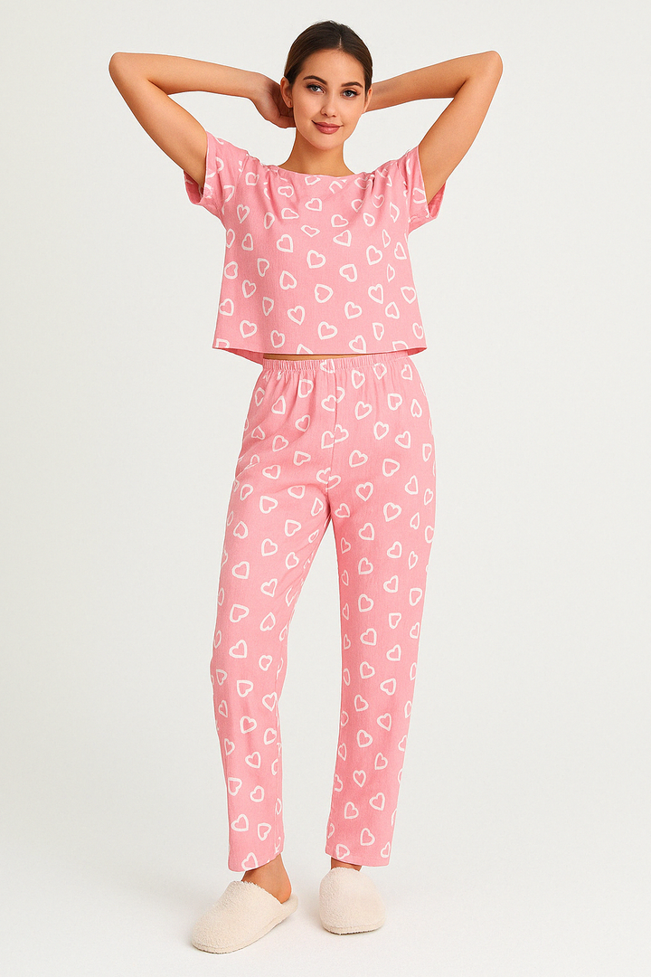 Dames Loungewear Set – Relaxte Pasvorm – Short Sleeve Top – Volledige Broek – Zachte Stof