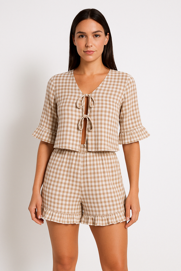 Dames Pyjamaset – Losse Pasvorm – Ademend – Ruches – Korte Mouwen & Shorts
